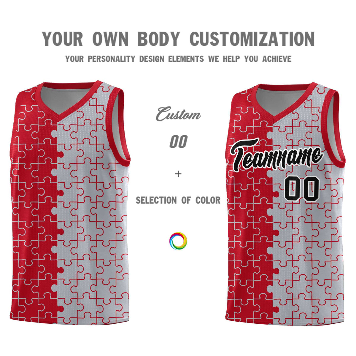 Custom Youth Basketball Jersey Red Gray Puzzle Pattern Add Name, Number &amp; Team Logo