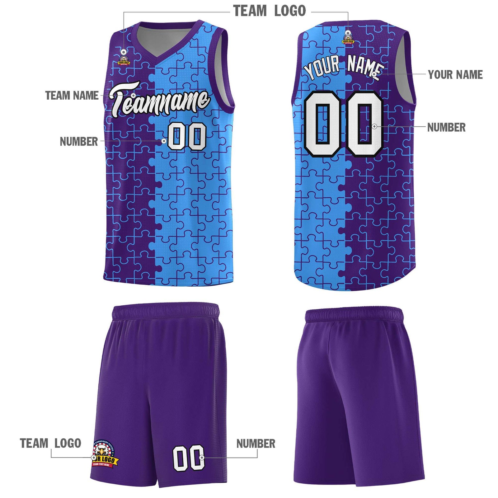 Custom Youth Basketball Jersey Purple Light Blue Puzzle Pattern Breathable Team Uniform