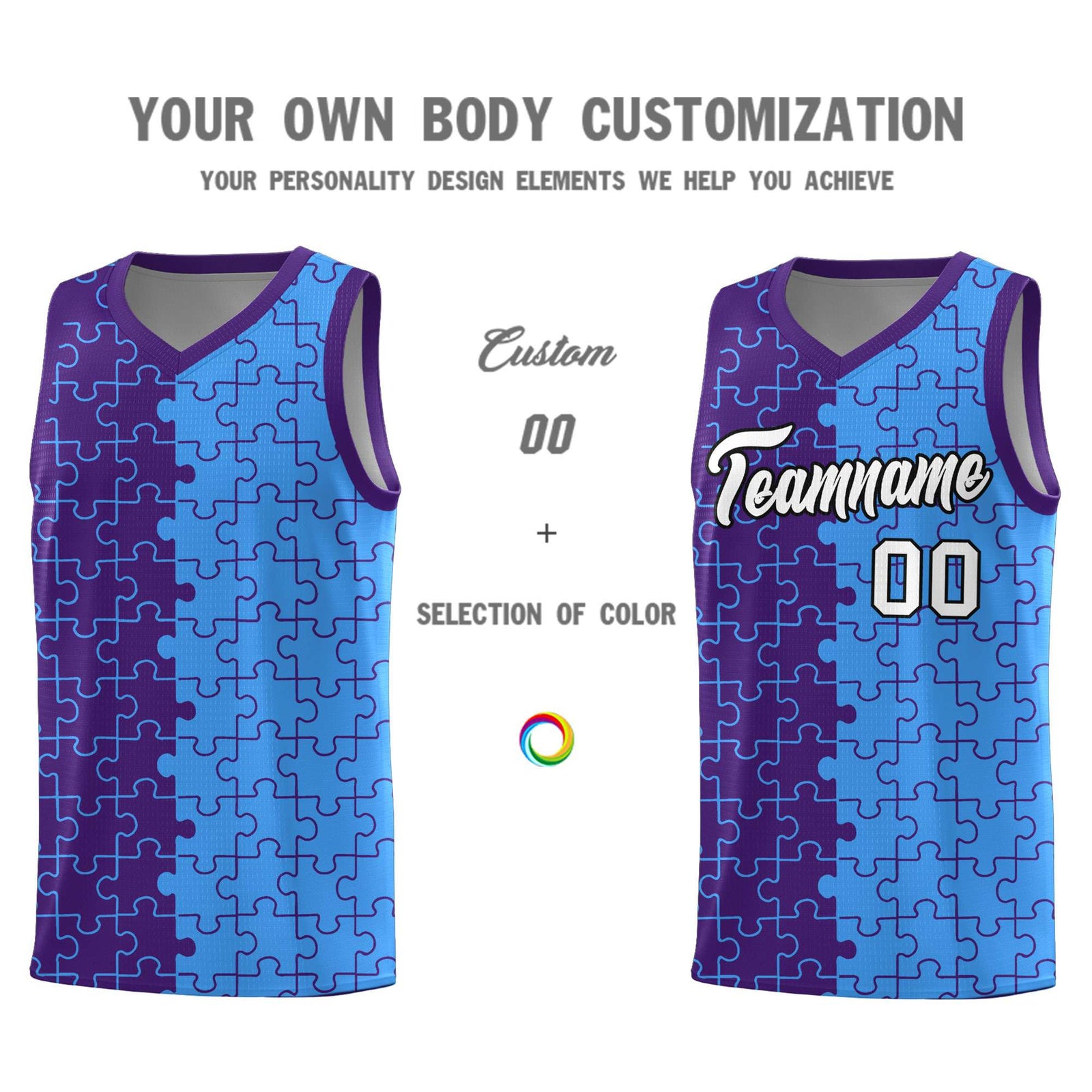 Custom Youth Basketball Jersey Purple Light Blue Puzzle Pattern Breathable Team Uniform