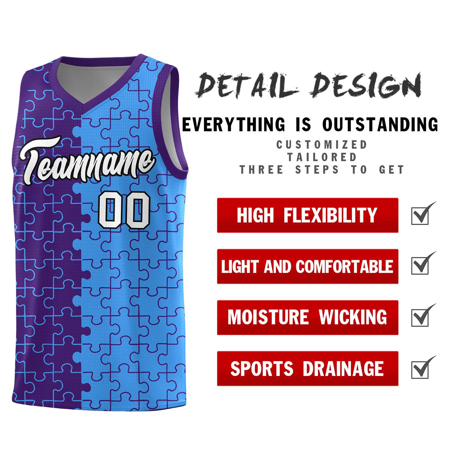 Custom Youth Basketball Jersey Purple Light Blue Puzzle Pattern Breathable Team Uniform