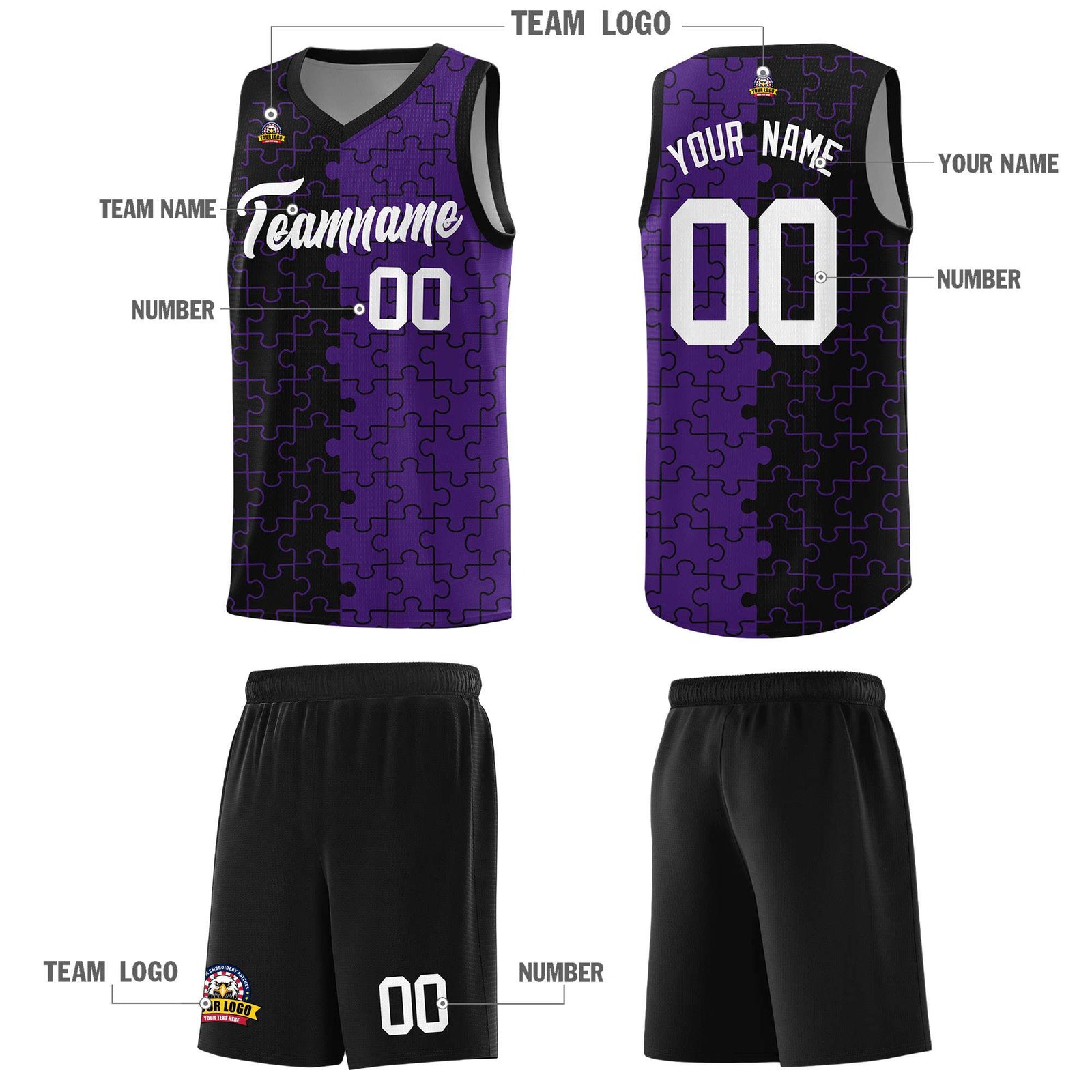 Custom Youth Basketball Jersey Black Purple Puzzle Pattern Moisture-Wicking Team Uniform