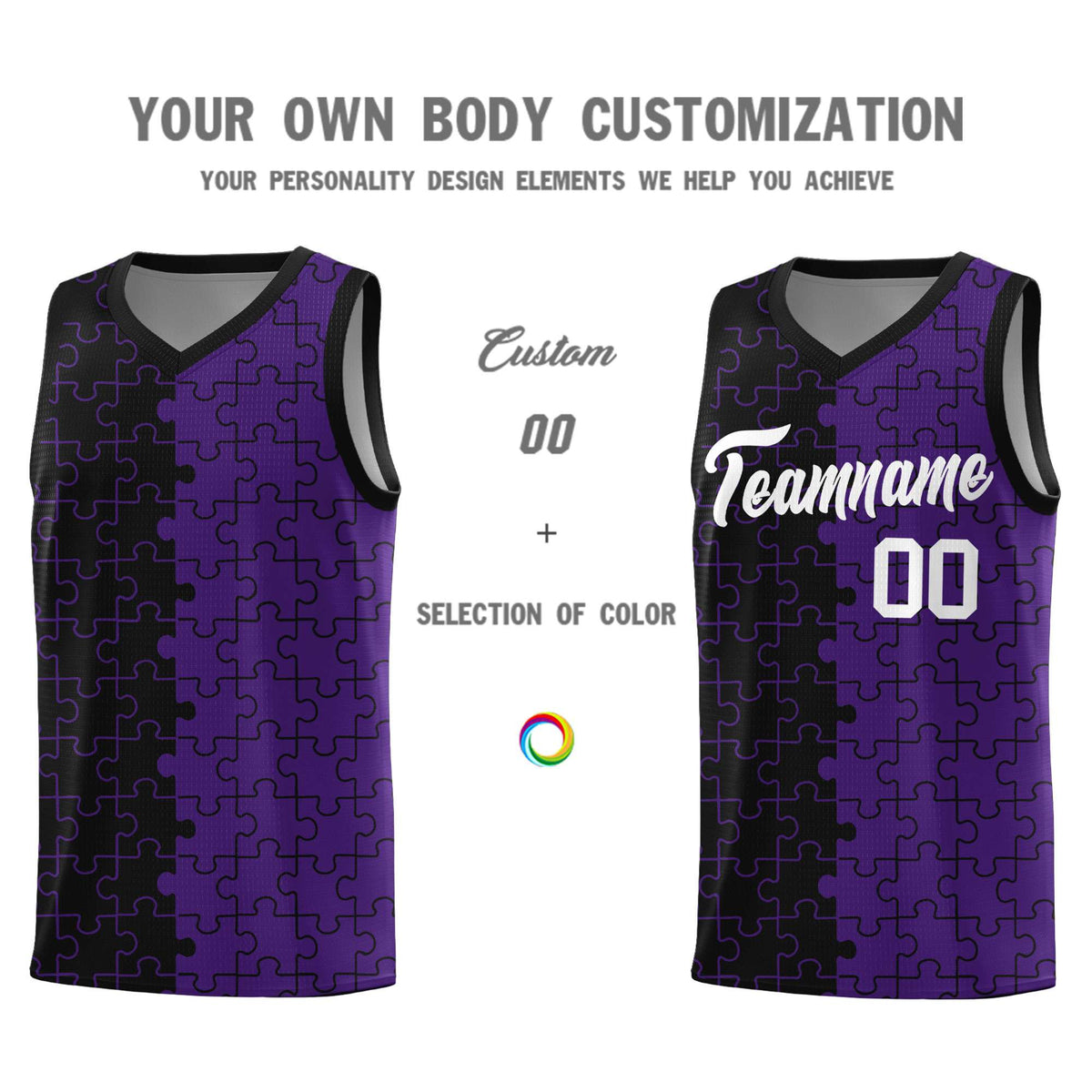 Custom Youth Basketball Jersey Black Purple Puzzle Pattern Moisture-Wicking Team Uniform