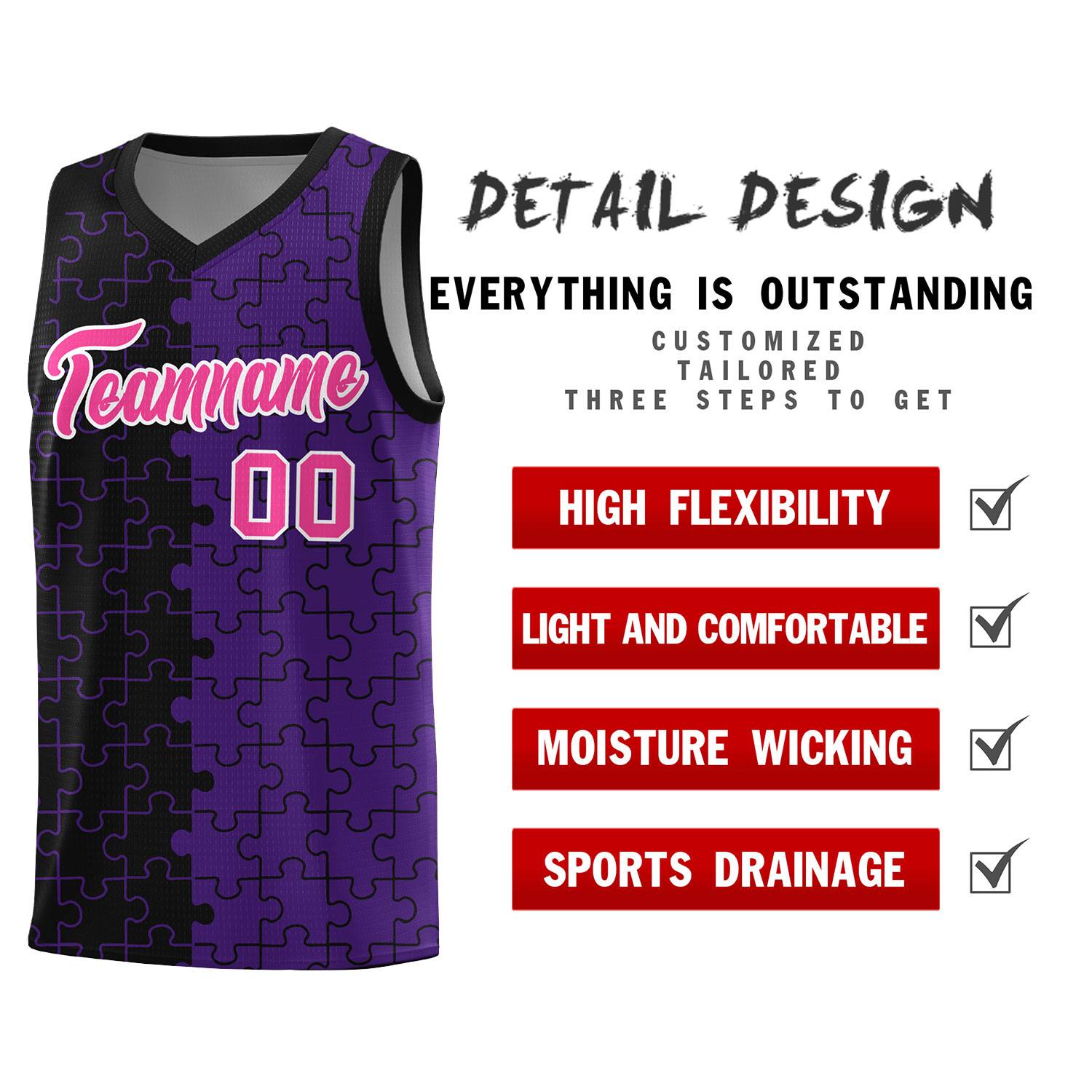 Custom Youth Basketball Jersey Black Purple Puzzle Pattern Personalized Team Uniform