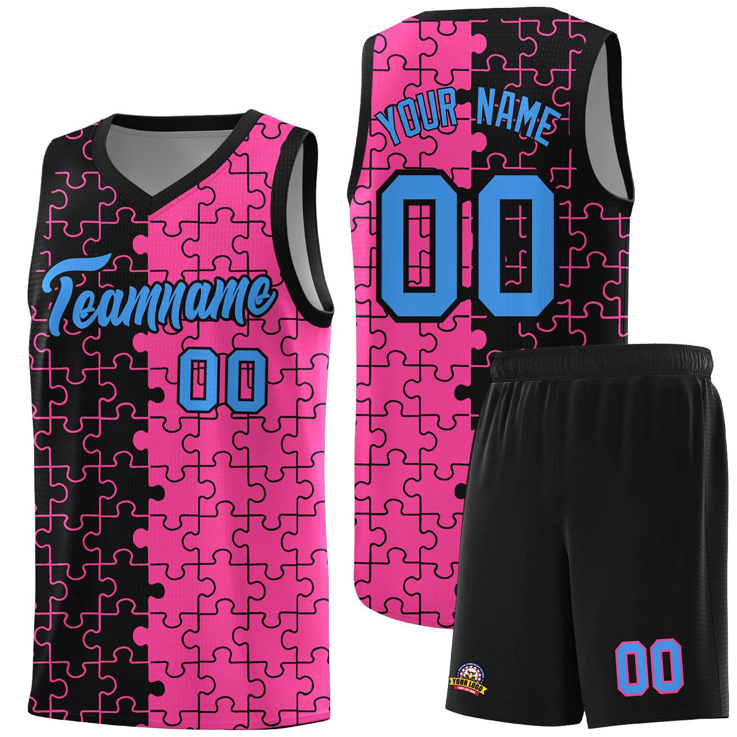 Custom Youth Basketball Jersey Black Pink Puzzle Pattern Add Name, Number & Team Logo