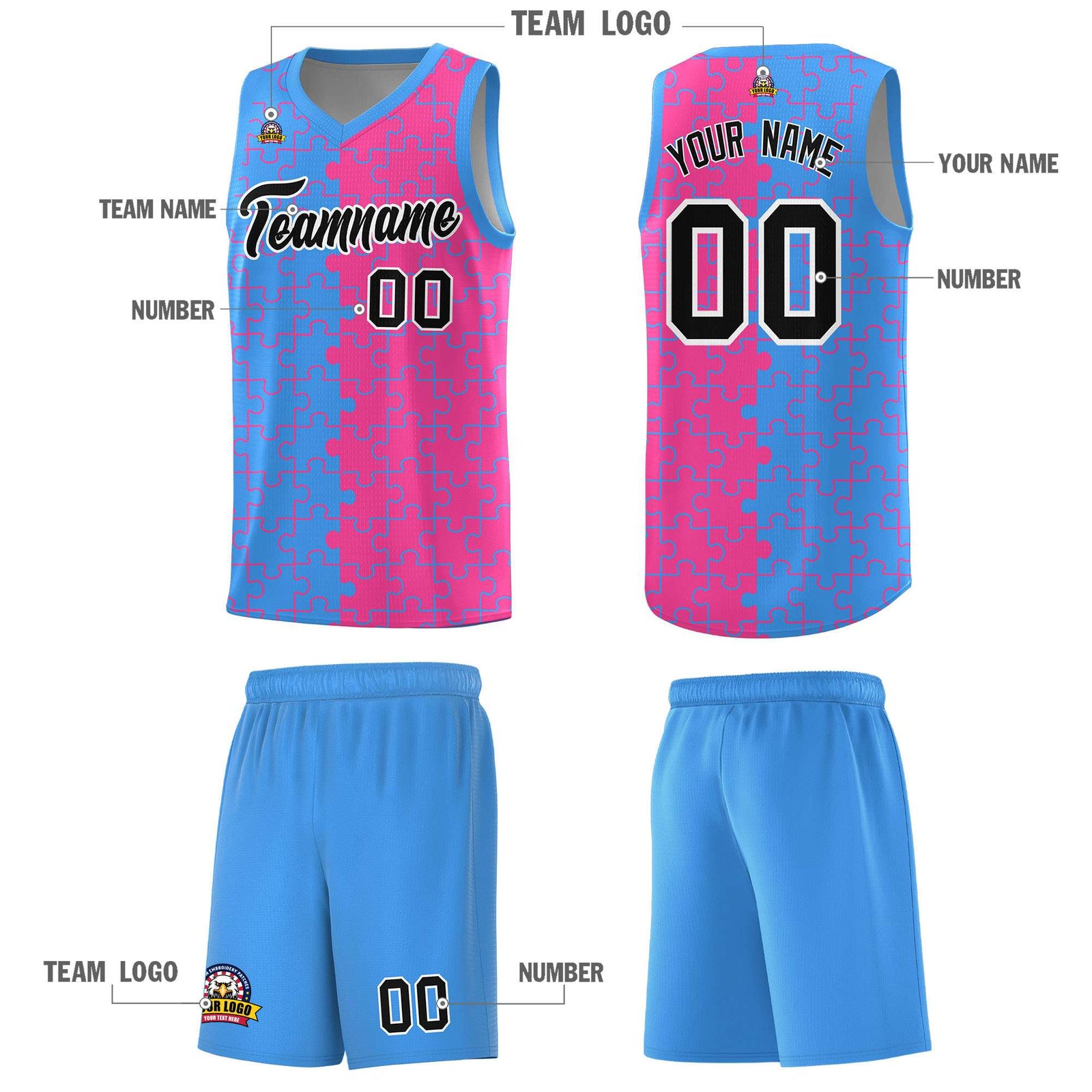 Custom Youth Basketball Jersey Light Blue Pink Puzzle Pattern Breathable Team Uniform