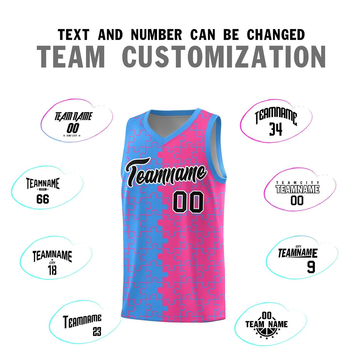 Custom Youth Basketball Jersey Light Blue Pink Puzzle Pattern Breathable Team Uniform
