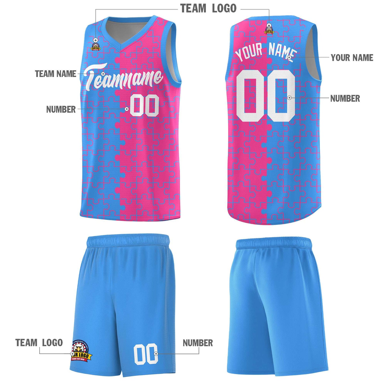 Custom Youth Basketball Jersey Light Blue Pink Puzzle Pattern Moisture-Wicking Team Uniform