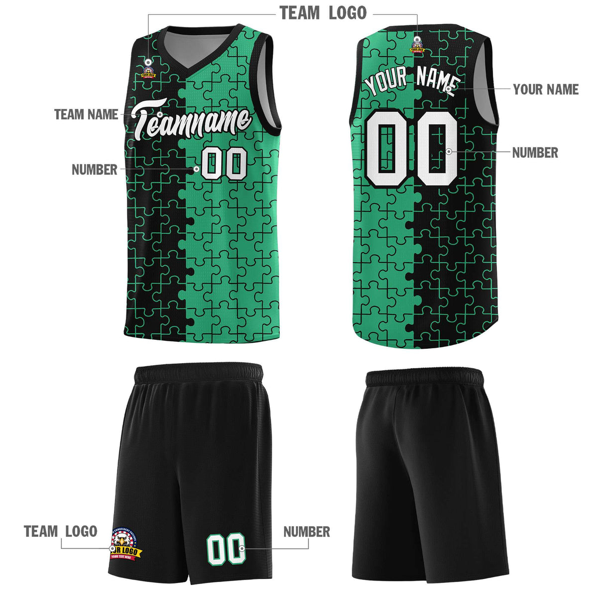 Custom Youth Basketball Jersey Black Green Puzzle Pattern Personalized Team Uniform