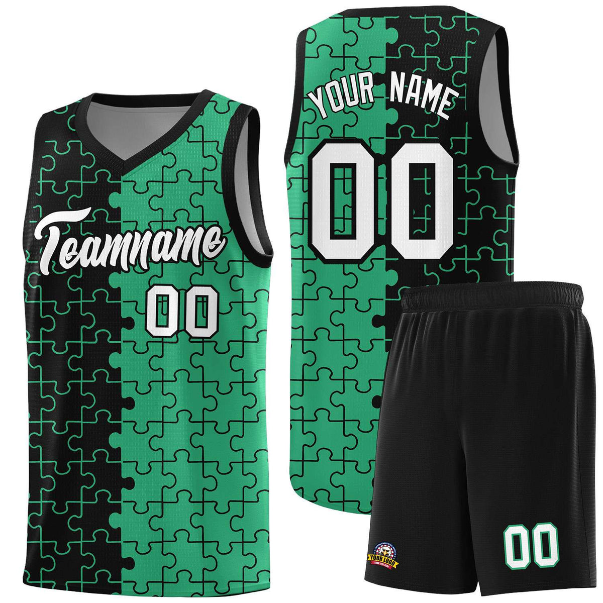 Custom Youth Basketball Jersey Black Green Puzzle Pattern Personalized Team Uniform