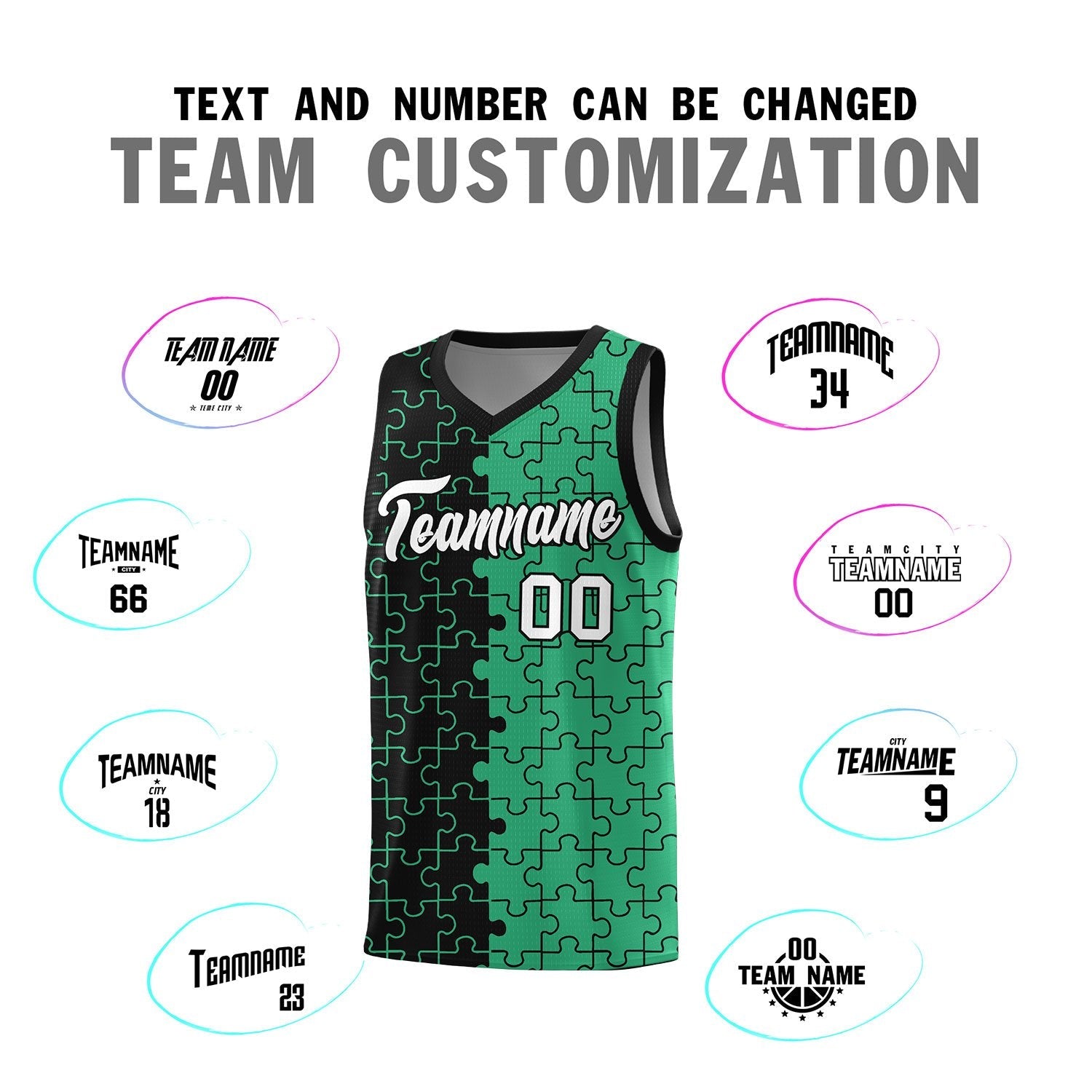 Custom Youth Basketball Jersey Black Green Puzzle Pattern Personalized Team Uniform