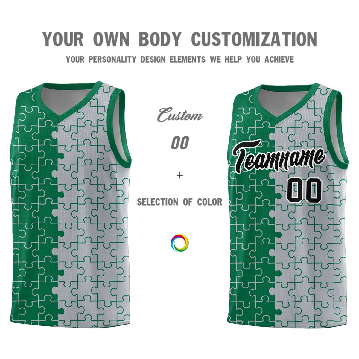 Custom Youth Basketball Jersey Kelly Green Gray Puzzle Pattern Add Name, Number &amp; Team Logo