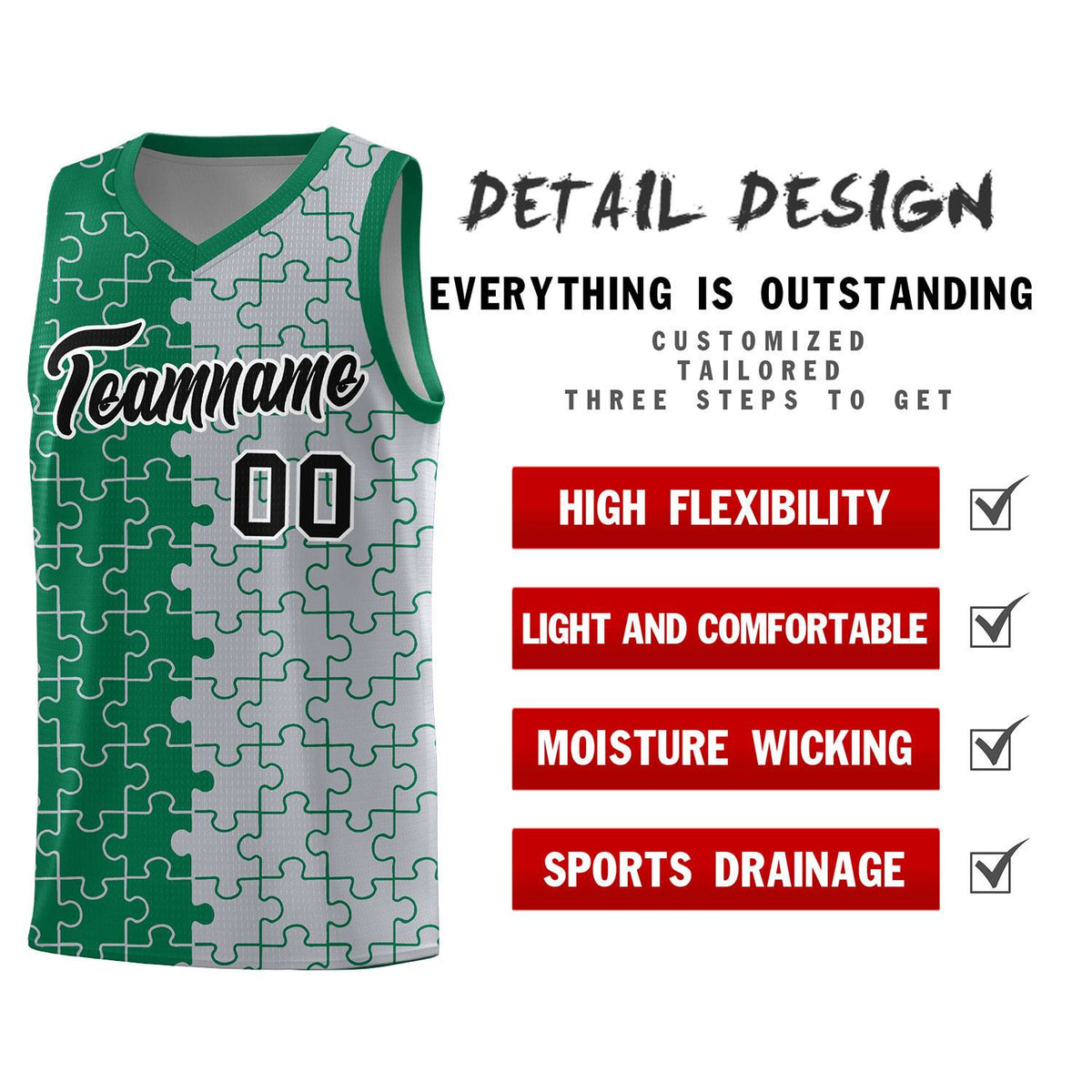 Custom Youth Basketball Jersey Kelly Green Gray Puzzle Pattern Add Name, Number &amp; Team Logo