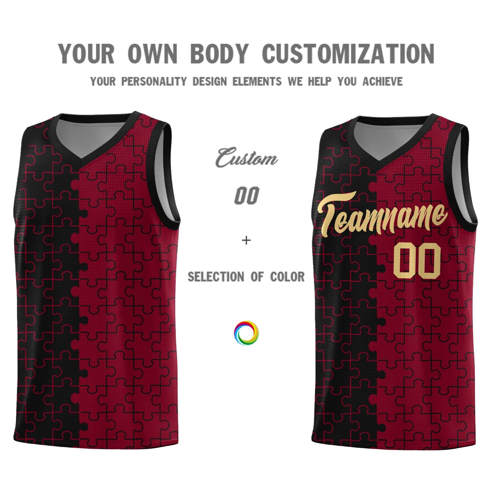 Custom Youth Basketball Jersey Black Crimson Puzzle Pattern Breathable Team Uniform