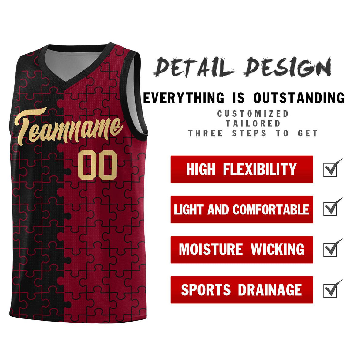 Custom Youth Basketball Jersey Black Crimson Puzzle Pattern Breathable Team Uniform