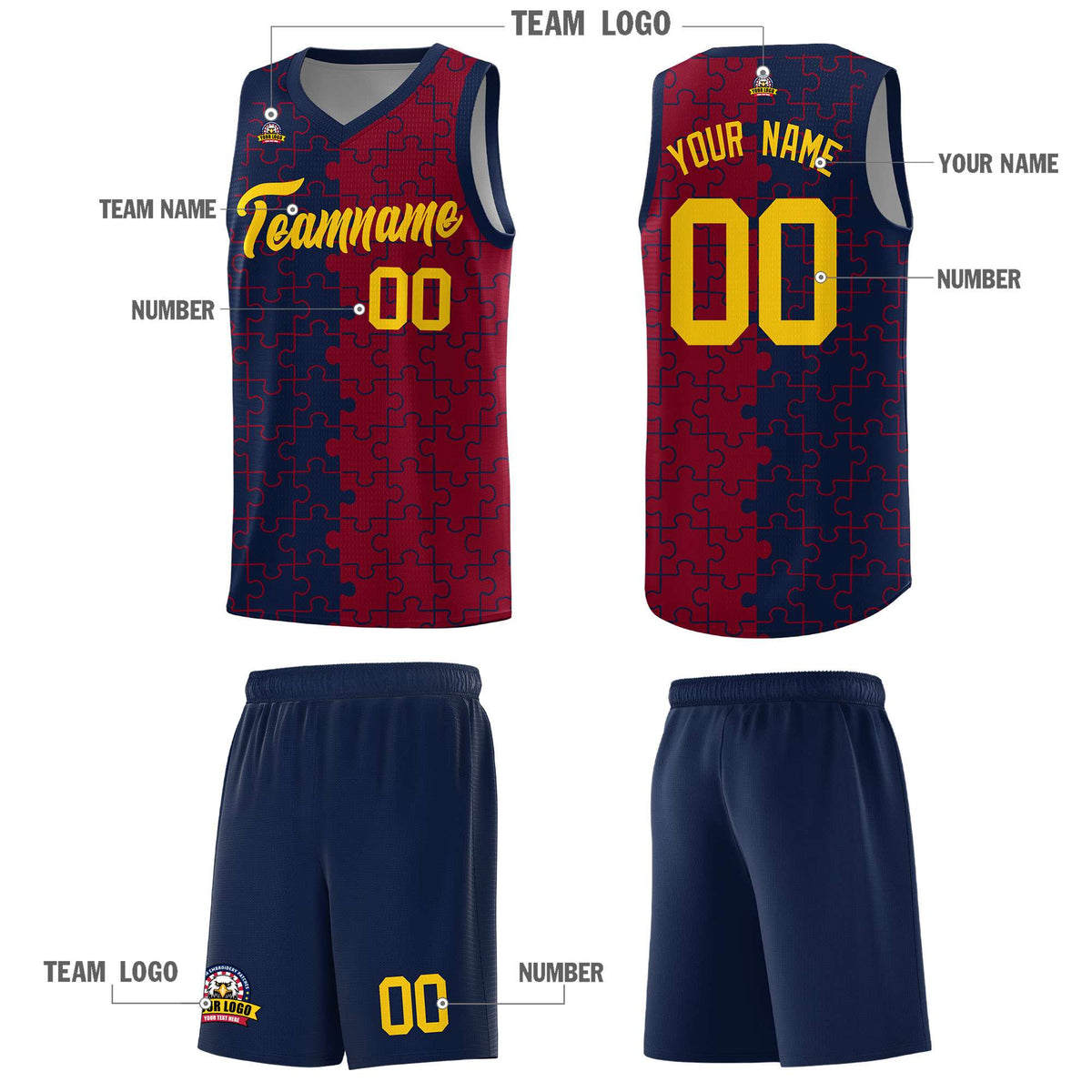 Custom Youth Basketball Jersey Navy Crimson Puzzle Pattern Personalized Team Uniform