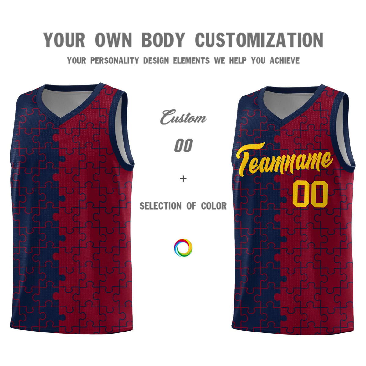 Custom Youth Basketball Jersey Navy Crimson Puzzle Pattern Personalized Team Uniform