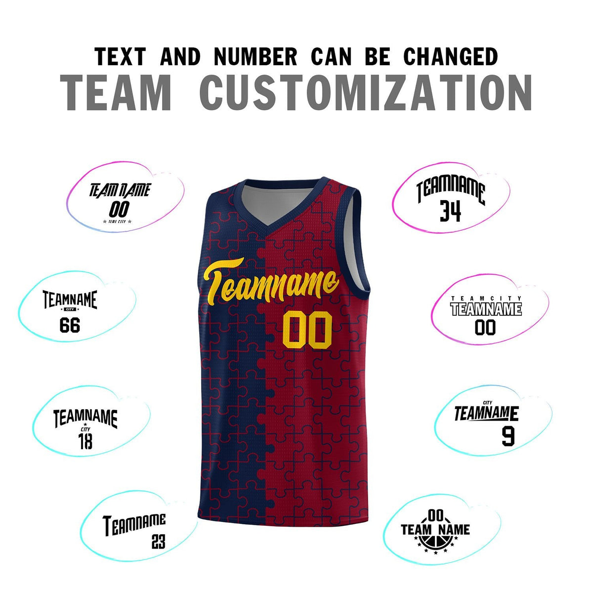 Custom Youth Basketball Jersey Navy Crimson Puzzle Pattern Personalized Team Uniform