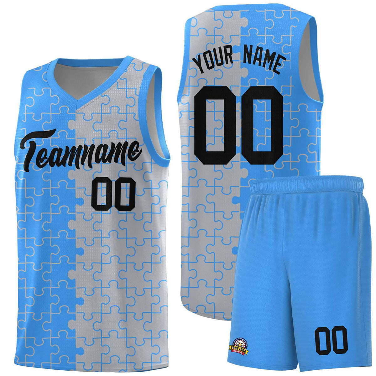 Custom Youth Basketball Jersey Light Blue Gray Puzzle Pattern Add Name, Number &amp; Team Logo