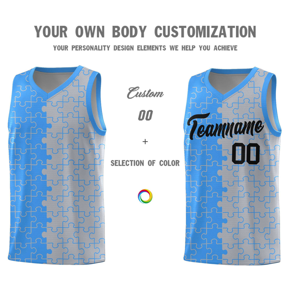 Custom Youth Basketball Jersey Light Blue Gray Puzzle Pattern Add Name, Number &amp; Team Logo