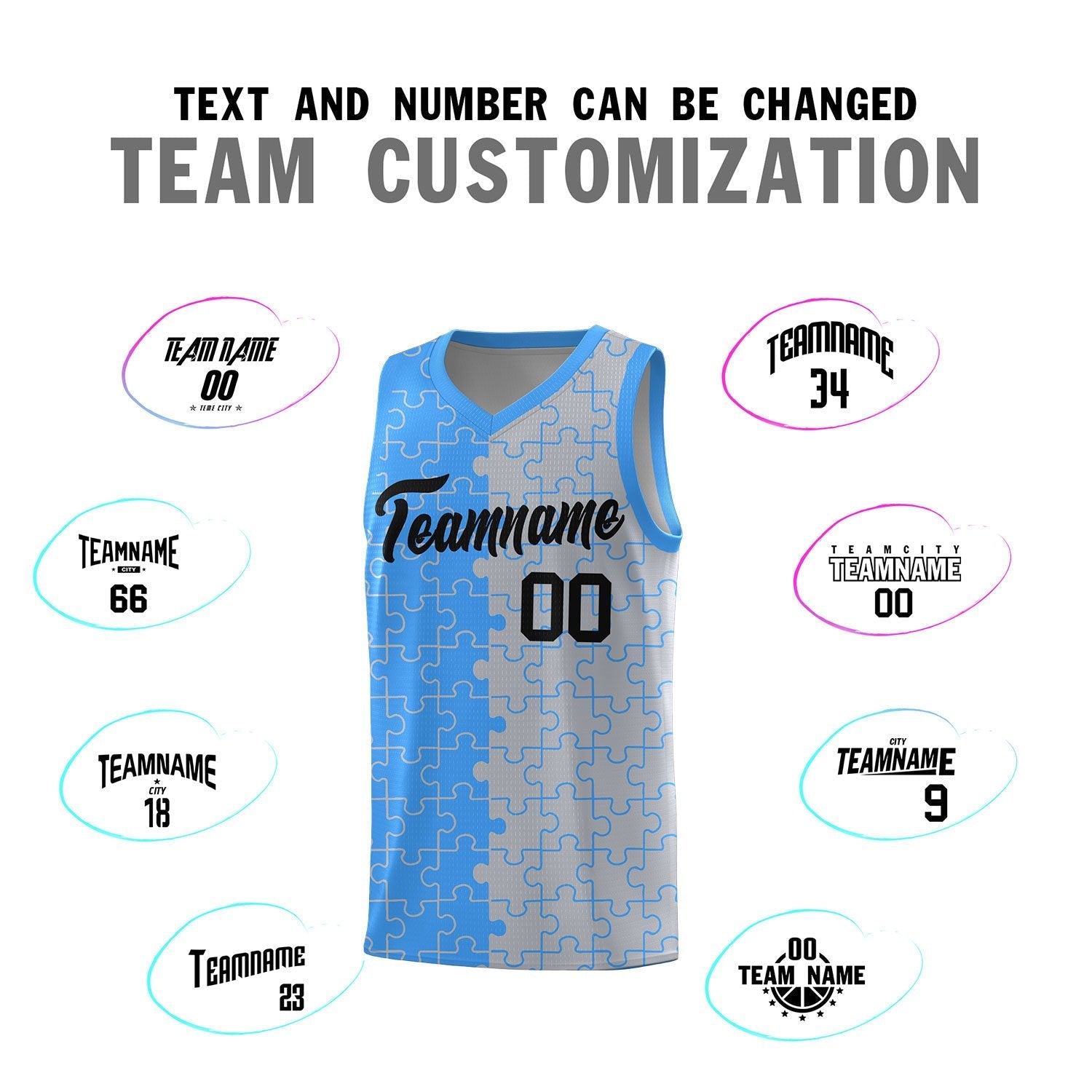 Custom Youth Basketball Jersey Light Blue Gray Puzzle Pattern Add Name, Number & Team Logo