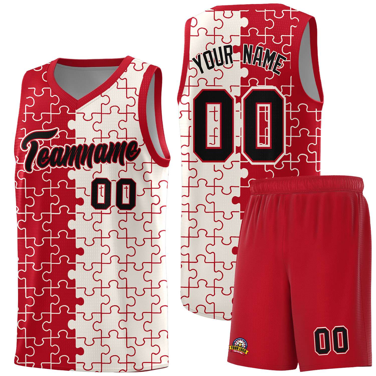 Custom Youth Basketball Jersey Red Cream Puzzle Pattern Moisture-Wicking Team Uniform