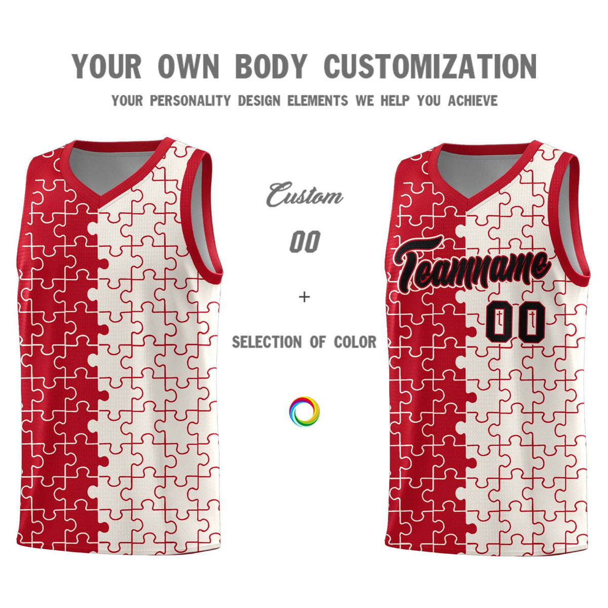 Custom Youth Basketball Jersey Red Cream Puzzle Pattern Moisture-Wicking Team Uniform