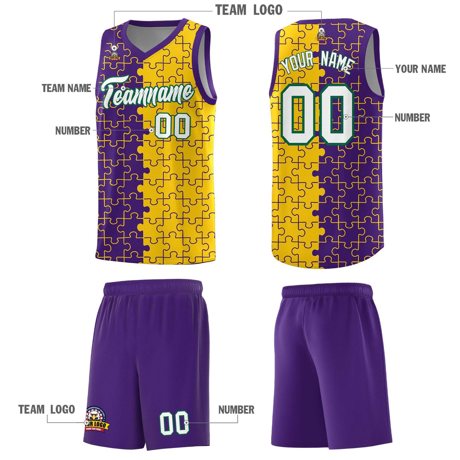 Custom Youth Basketball Jersey Purple Gold Puzzle Pattern Personalized Team Uniform