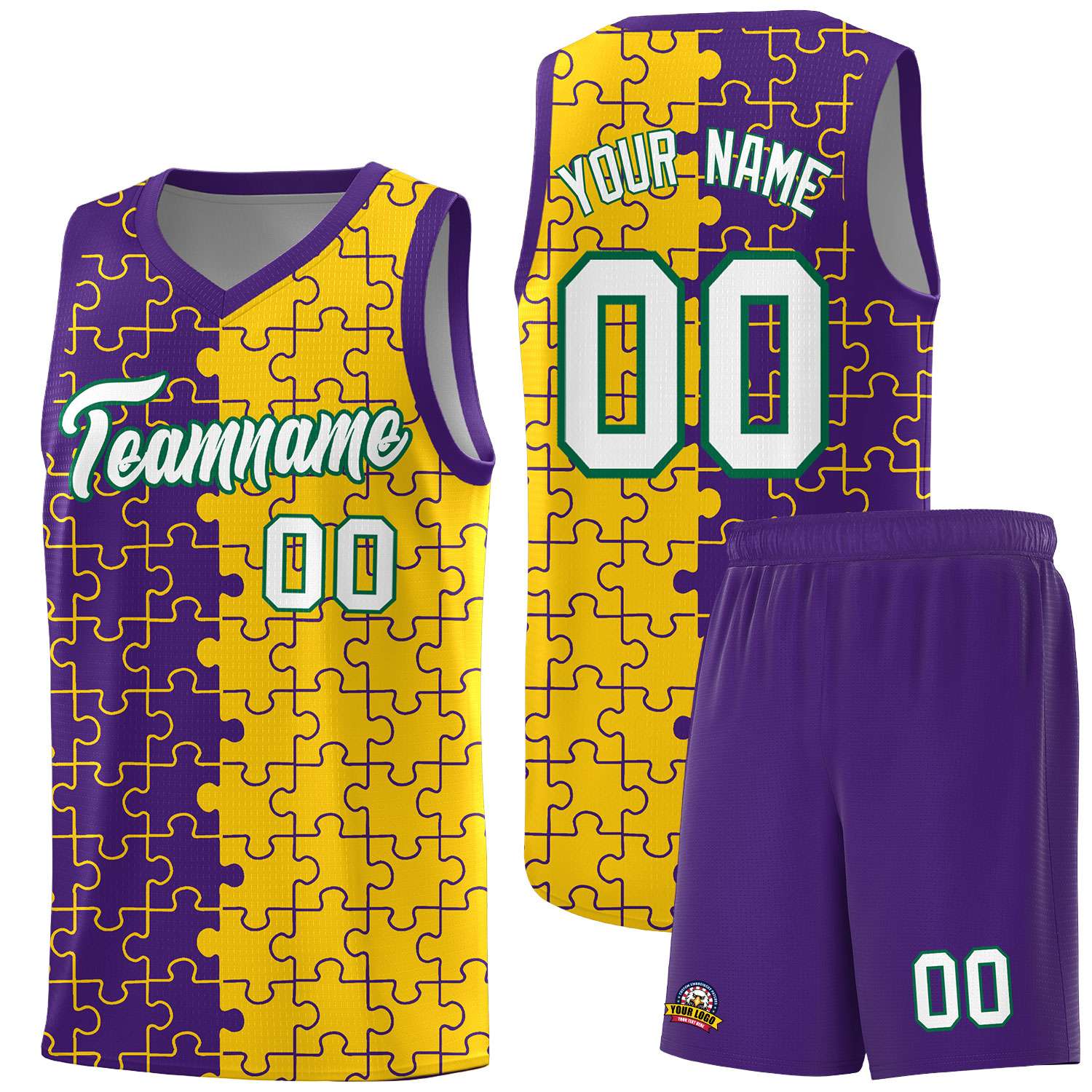 Custom Youth Basketball Jersey Purple Gold Puzzle Pattern Personalized Team Uniform