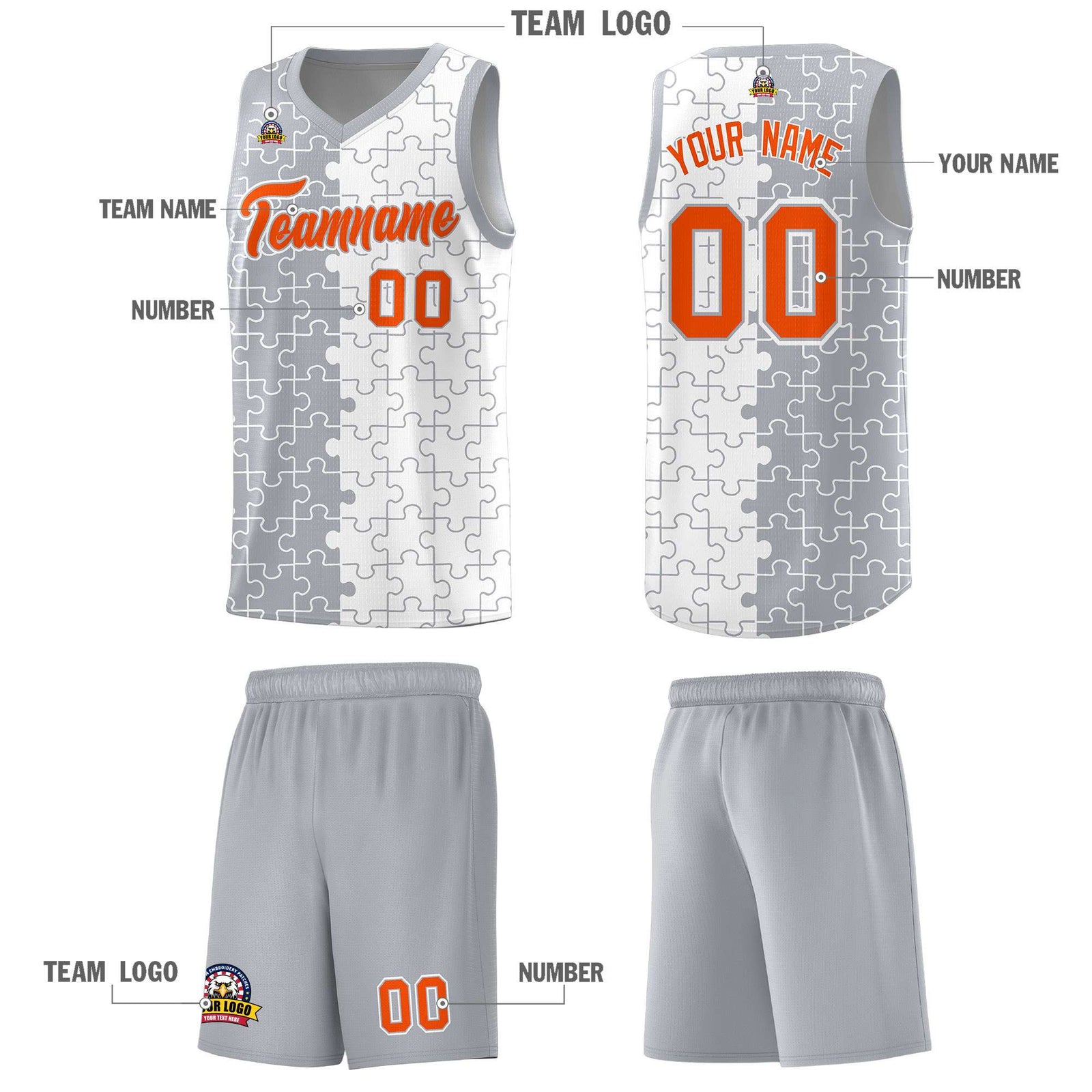 Custom Youth Basketball Jersey Gray White Puzzle Pattern Breathable Team Uniform