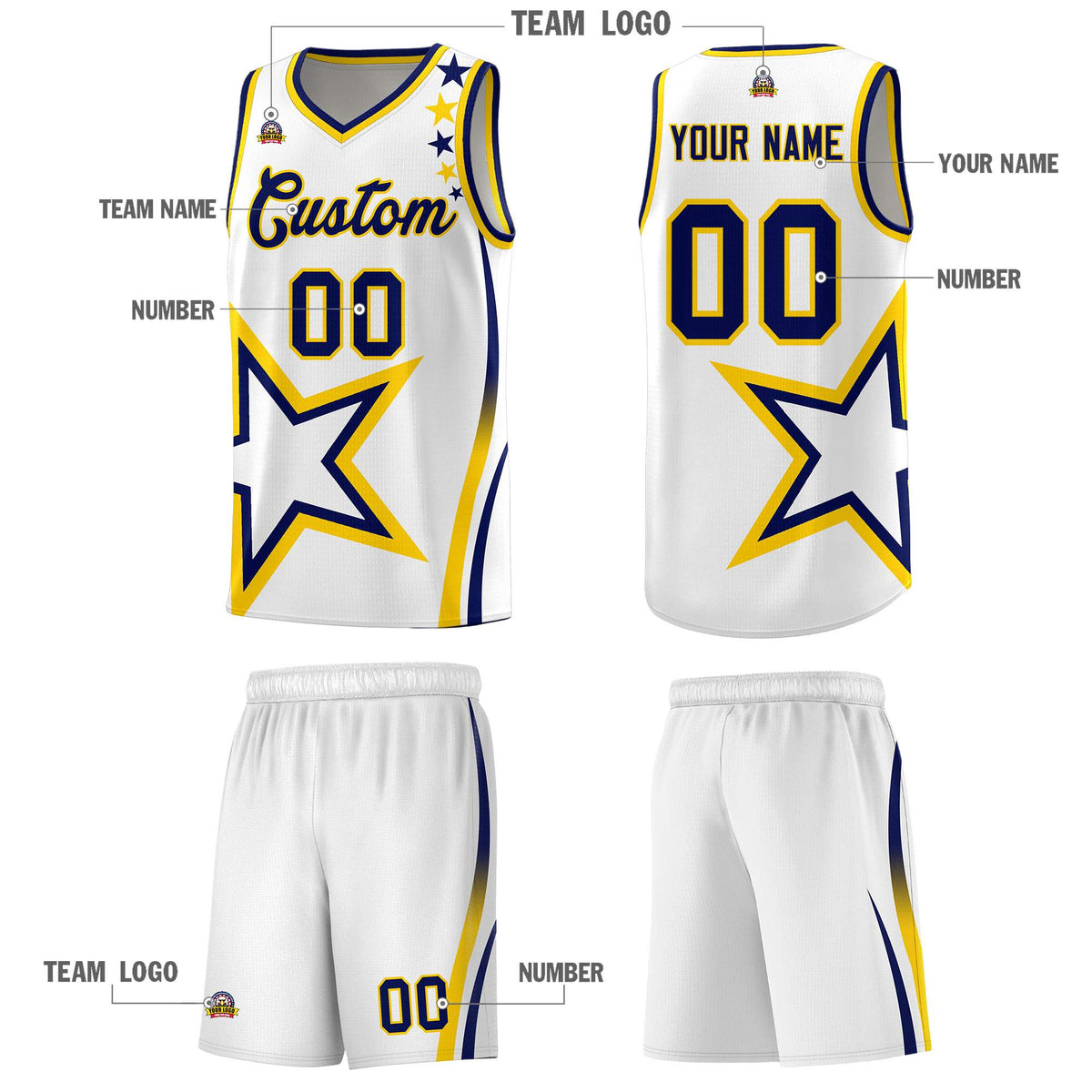 Custom White Shoulder Stars Graffiti Pattern Sets Basketball Jersey