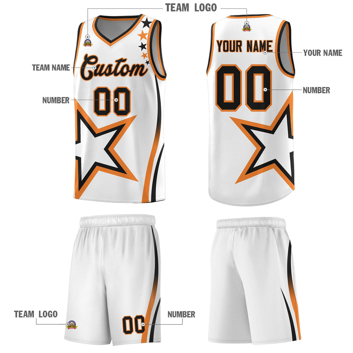 Custom White Shoulder Stars Graffiti Pattern Sets Basketball Jersey