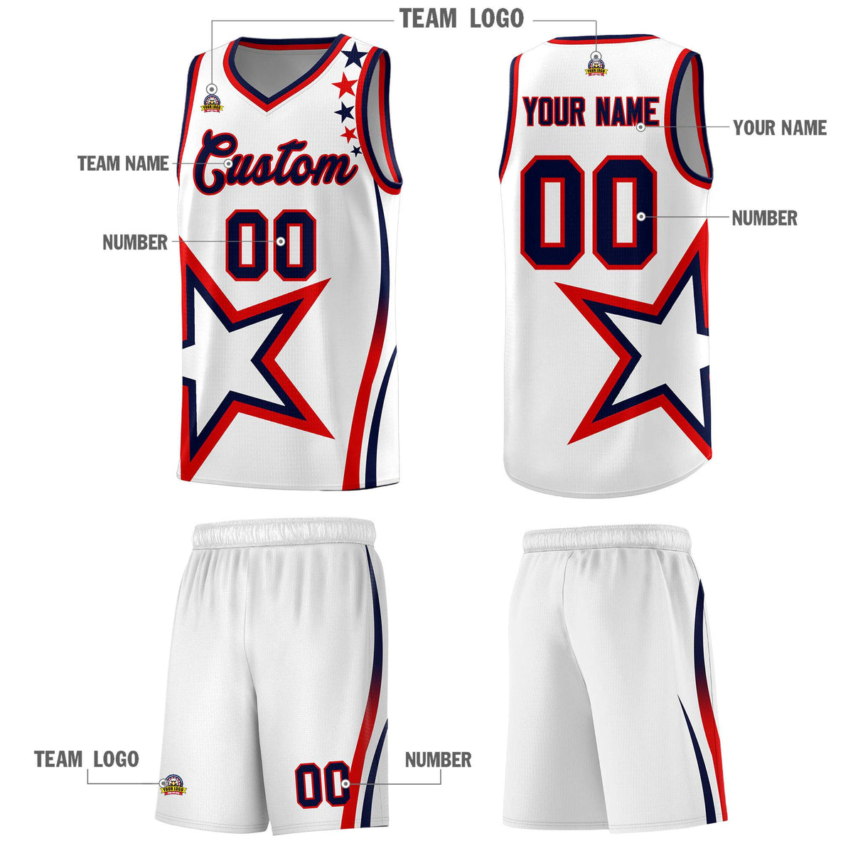 Custom White Shoulder Stars Graffiti Pattern Sets Basketball Jersey