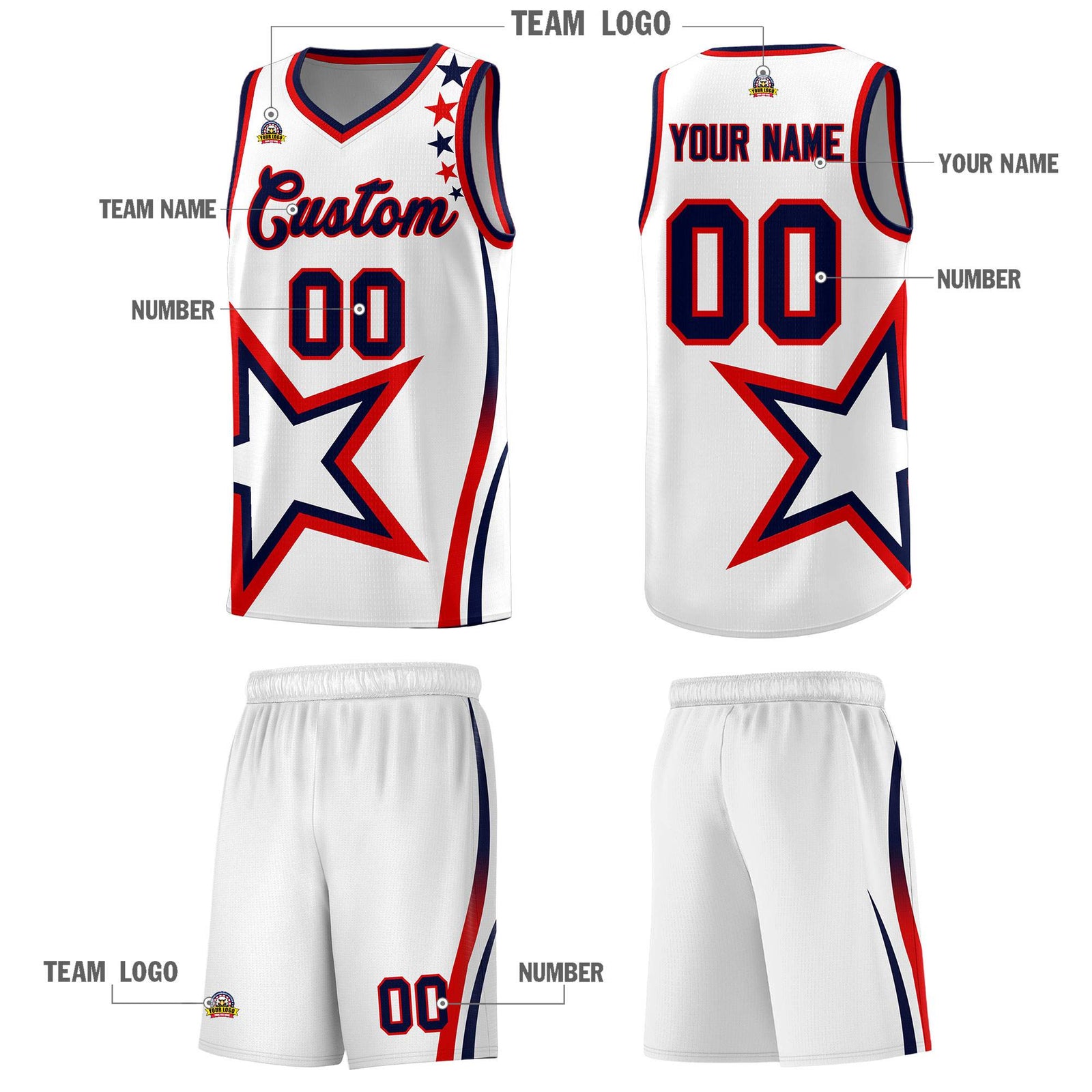 Custom White Shoulder Stars Graffiti Pattern Sets Basketball Jersey