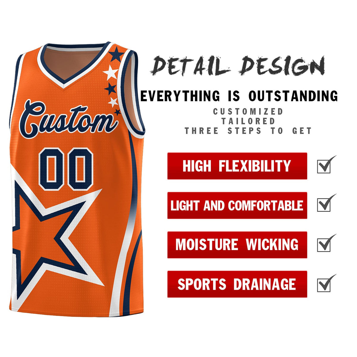Custom Gold Orange Shoulder Stars Graffiti Pattern Sets Basketball Jersey