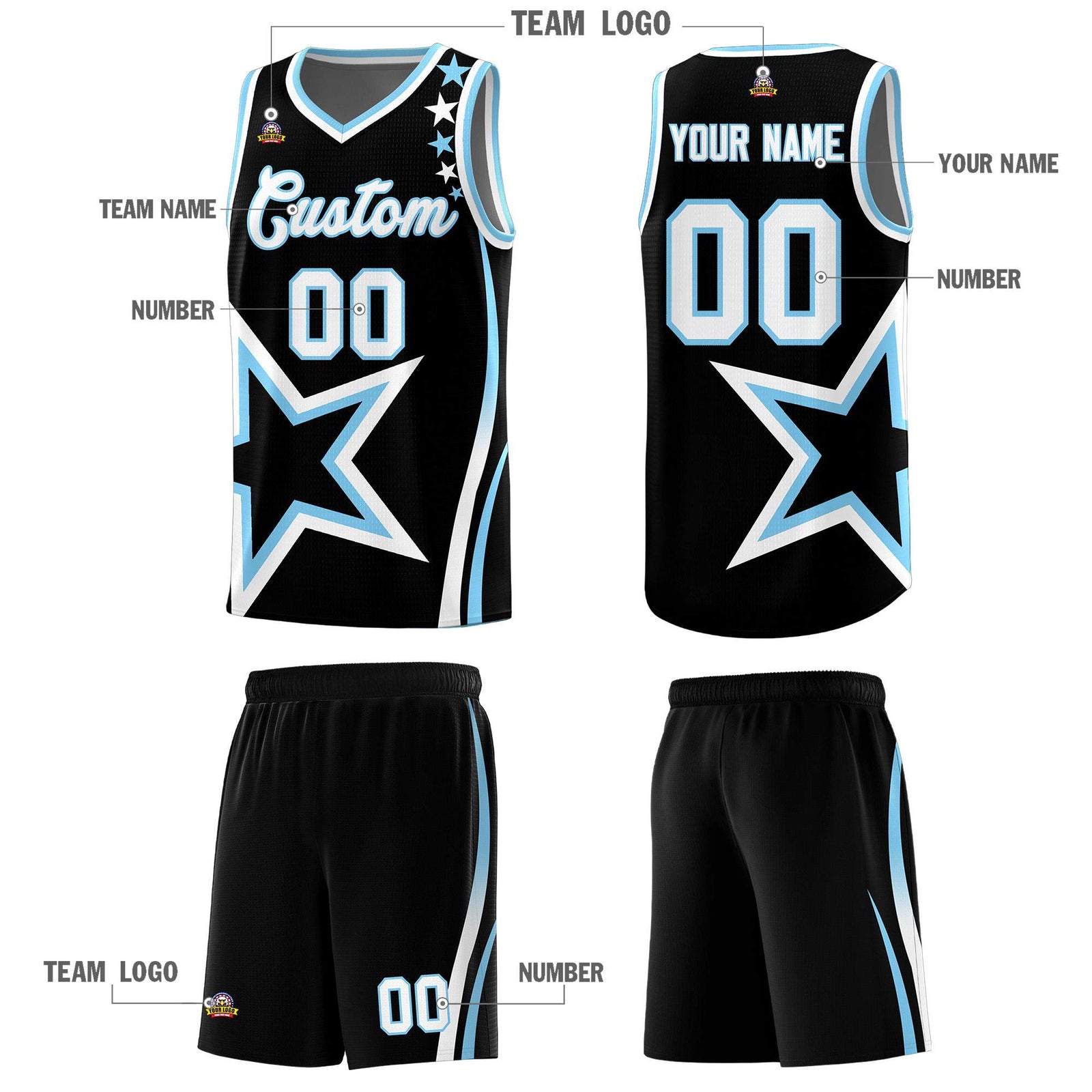 Custom Black Shoulder Stars Graffiti Pattern Sets Basketball Jersey