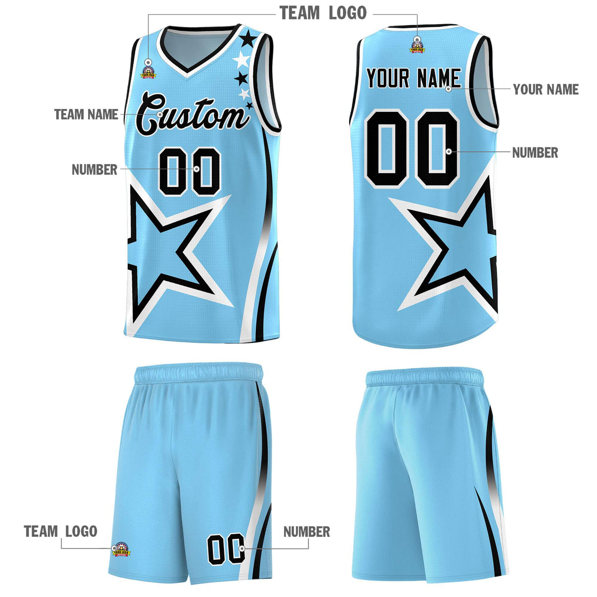 Custom Light Blue Shoulder Stars Graffiti Pattern Sets Basketball Jersey