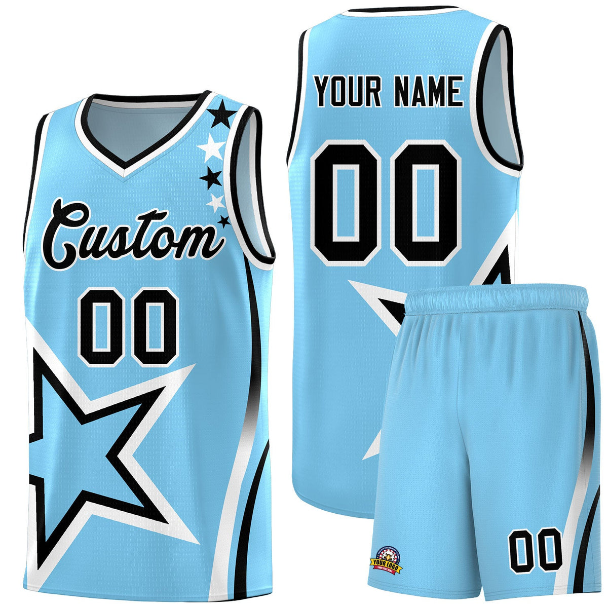 Custom Light Blue Shoulder Stars Graffiti Pattern Sets Basketball Jersey