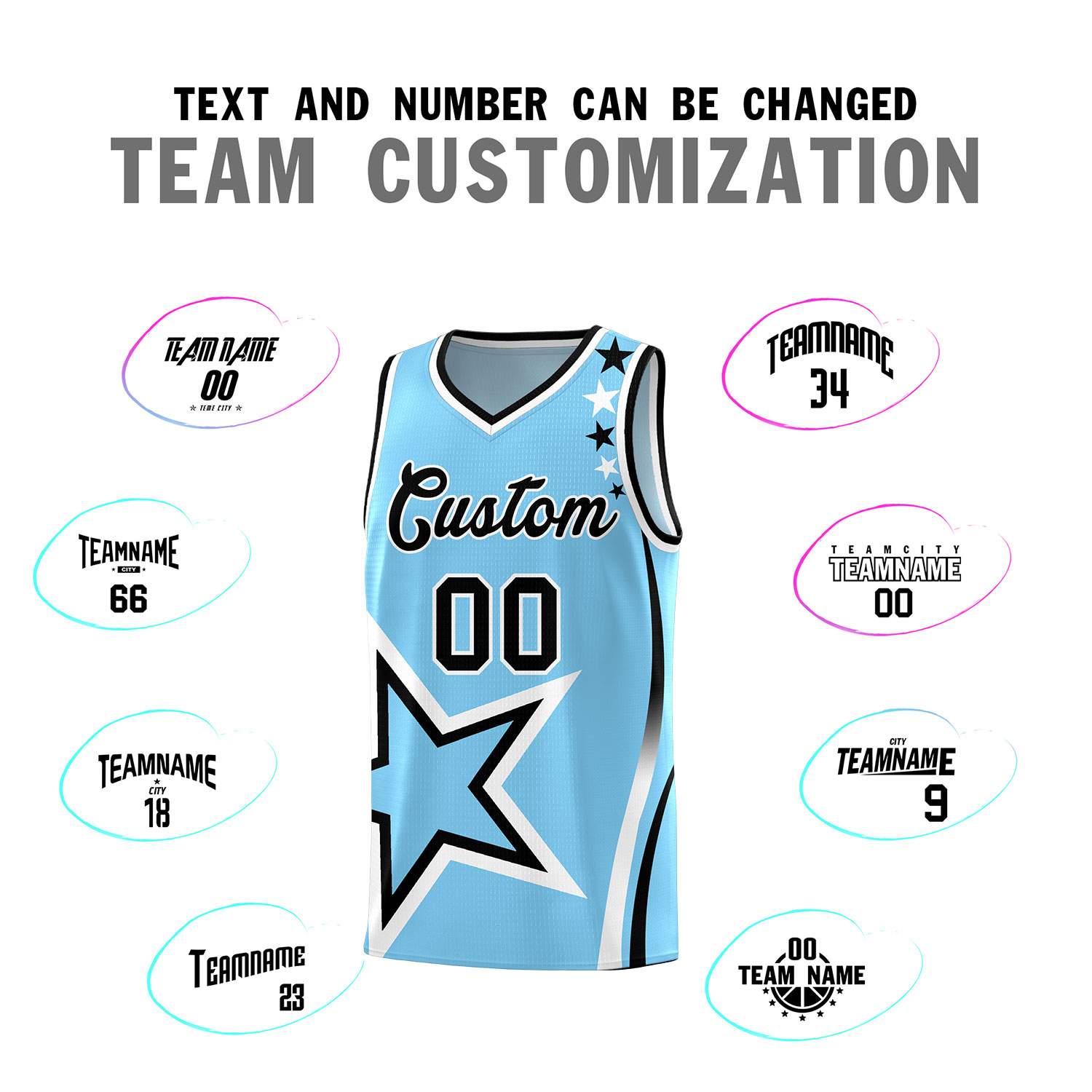 Custom Light Blue Shoulder Stars Graffiti Pattern Sets Basketball Jersey