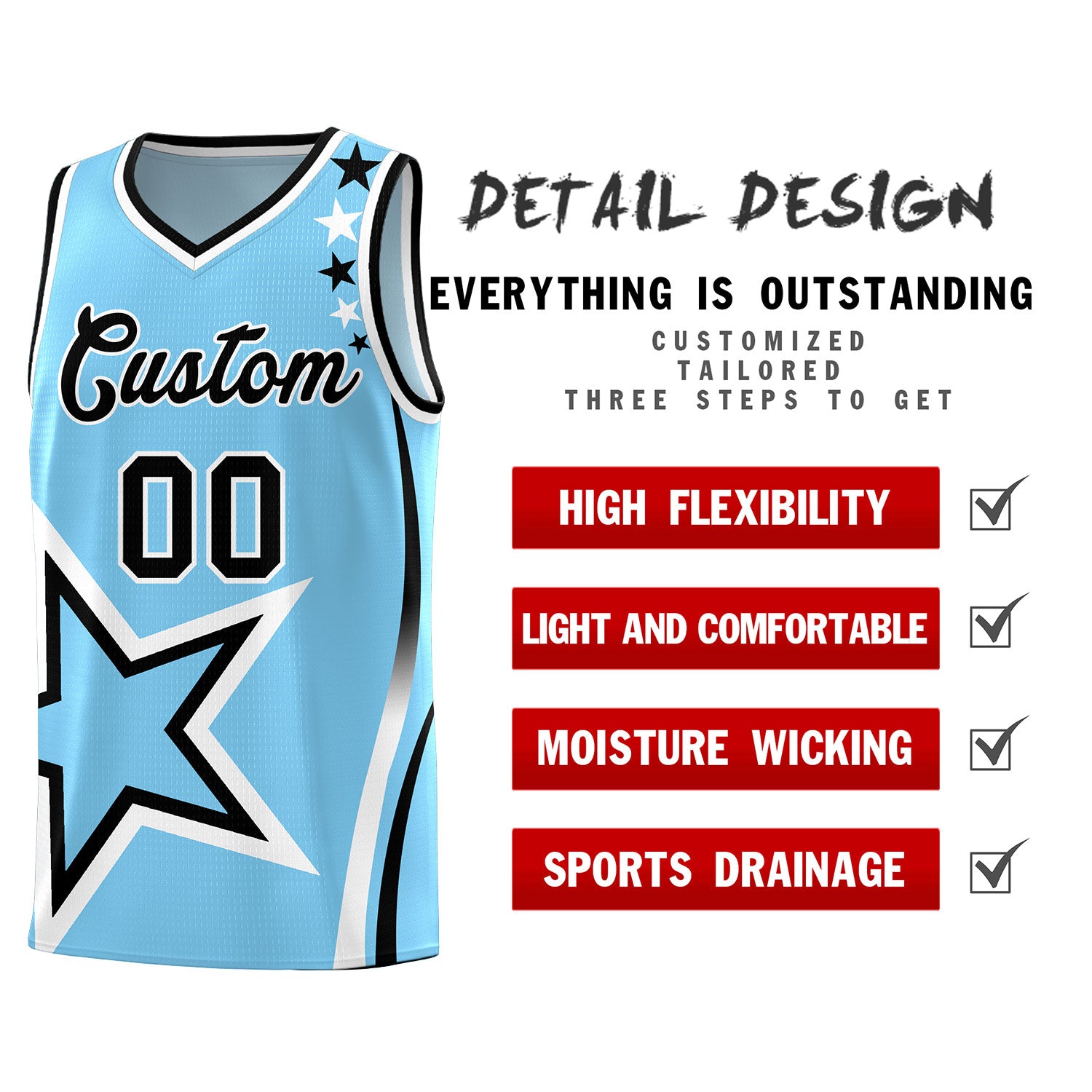 Custom Light Blue Shoulder Stars Graffiti Pattern Sets Basketball Jersey