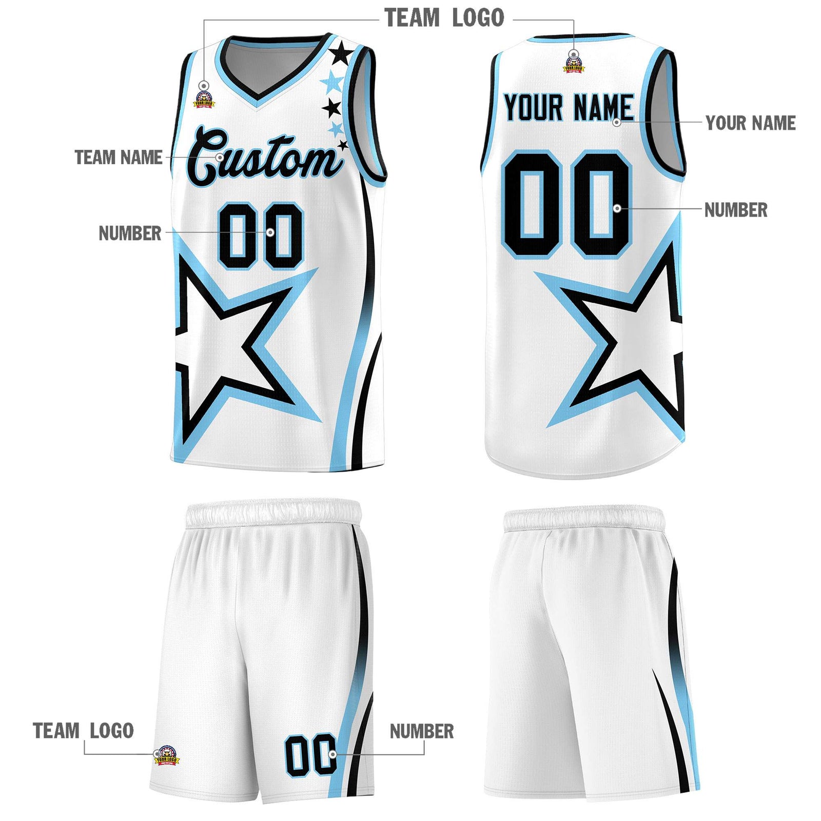 Custom White Shoulder Stars Graffiti Pattern Sets Basketball Jersey