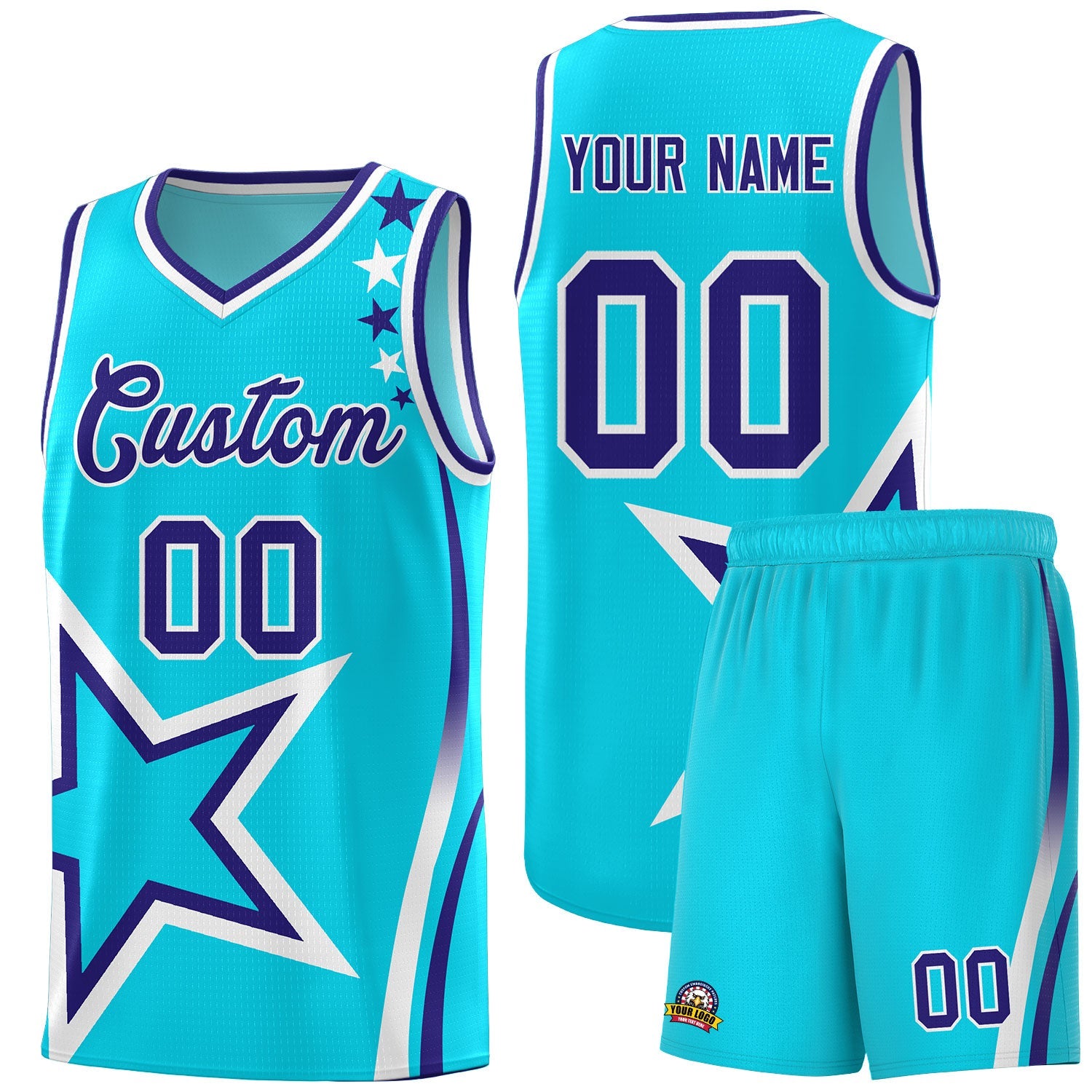 Custom Sky Blue Shoulder Stars Graffiti Pattern Sets Basketball Jersey