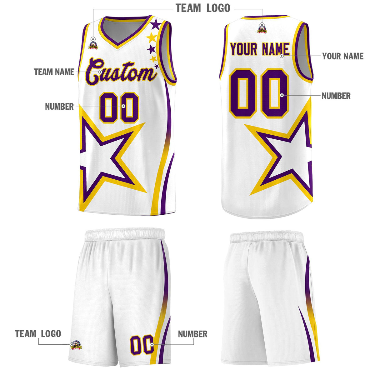 Custom White Shoulder Stars Graffiti Pattern Sets Basketball Jersey