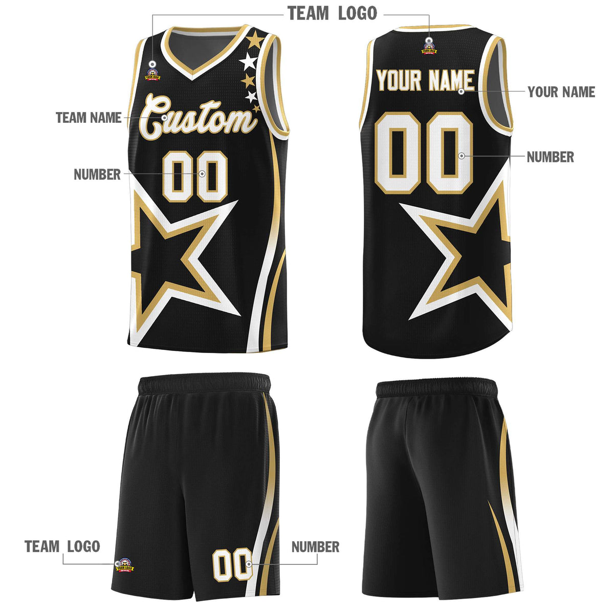 Custom Black Shoulder Stars Graffiti Pattern Sets Basketball Jersey