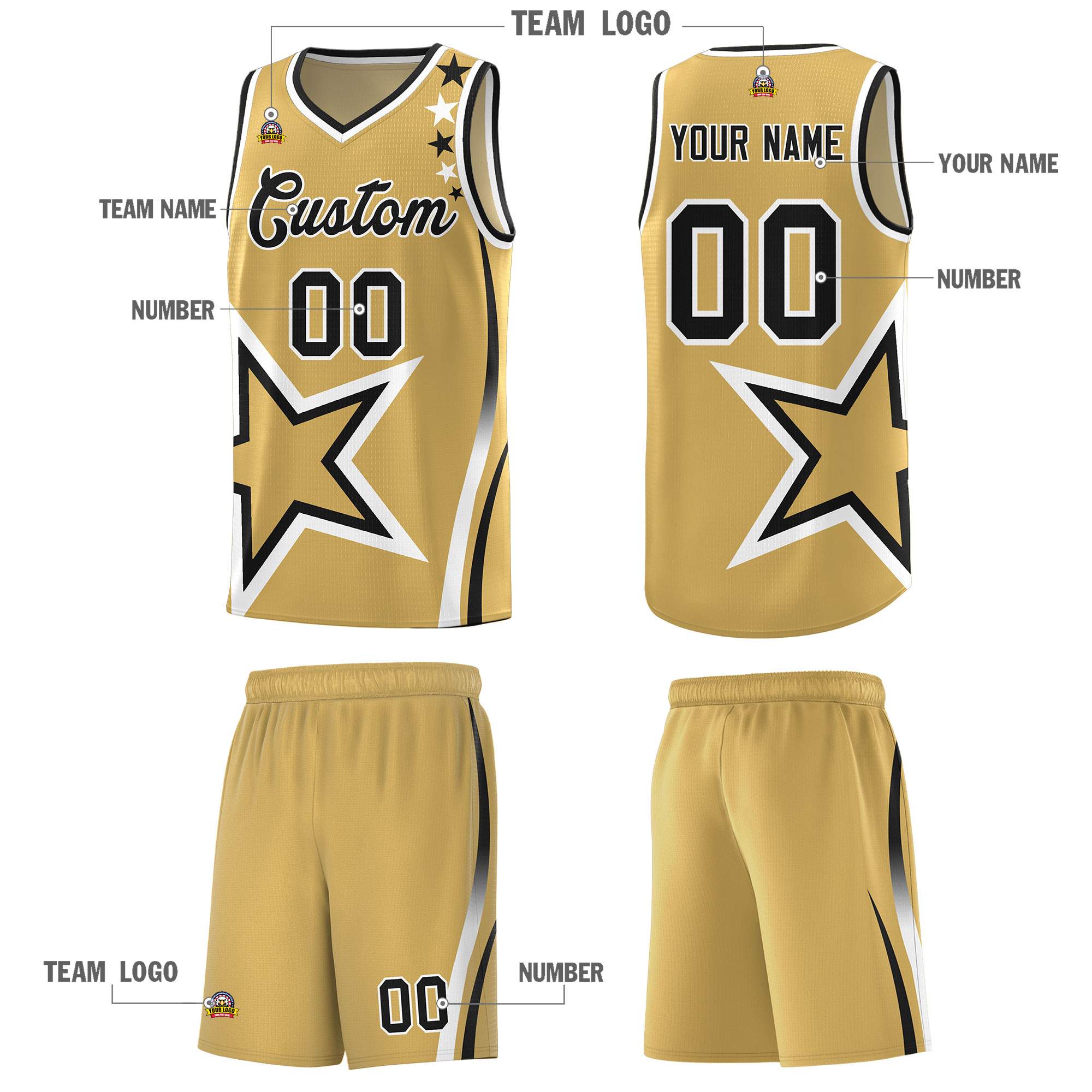 Custom Old Gold Shoulder Stars Graffiti Pattern Sets Basketball Jersey