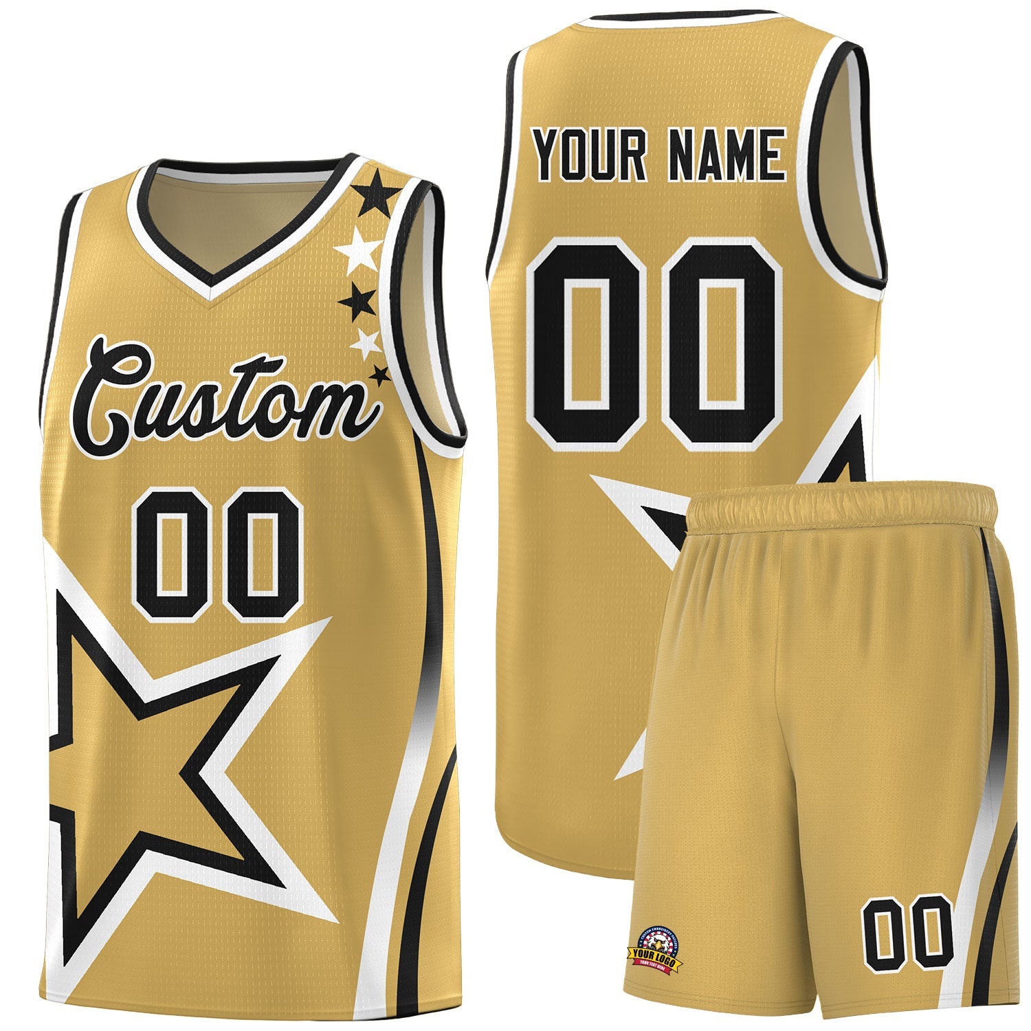 Custom Old Gold Shoulder Stars Graffiti Pattern Sets Basketball Jersey