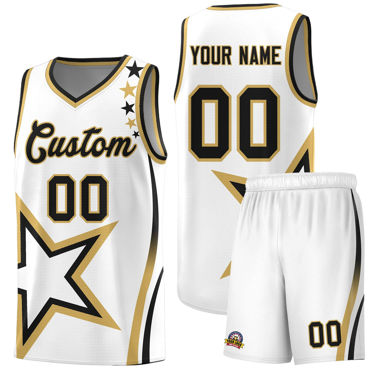 Custom White Shoulder Stars Graffiti Pattern Sets Basketball Jersey