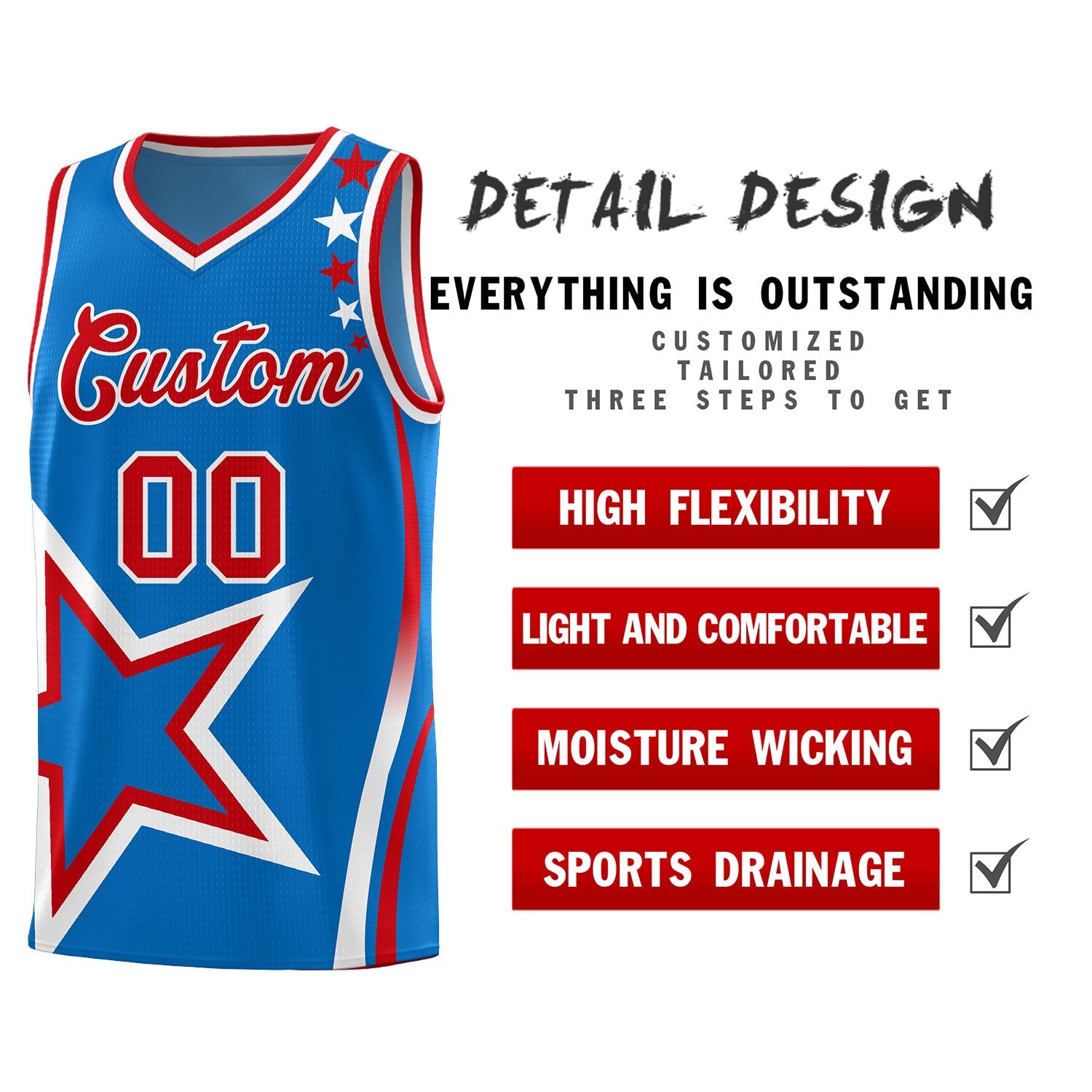 Custom Blue Shoulder Stars Graffiti Pattern Sets Basketball Jersey