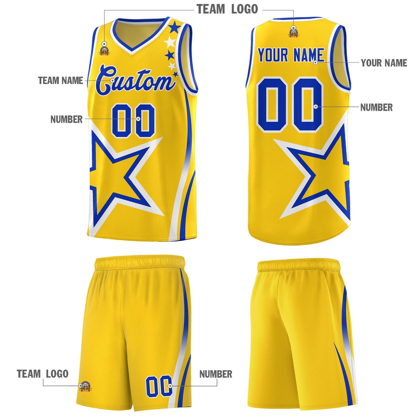 Custom Gold Shoulder Stars Graffiti Pattern Sets Basketball Jersey