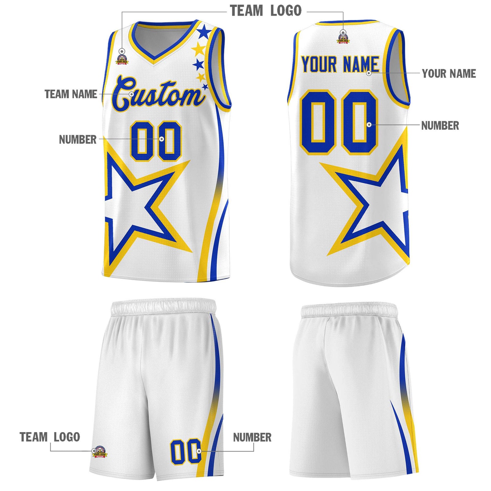 Custom White Shoulder Stars Graffiti Pattern Sets Basketball Jersey