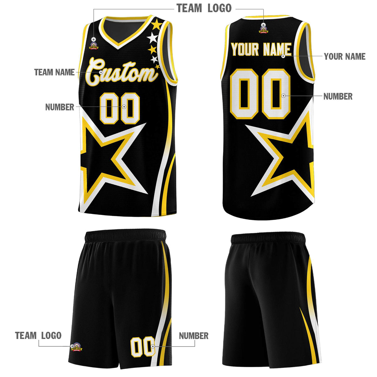 Custom Black Shoulder Stars Graffiti Pattern Sets Basketball Jersey